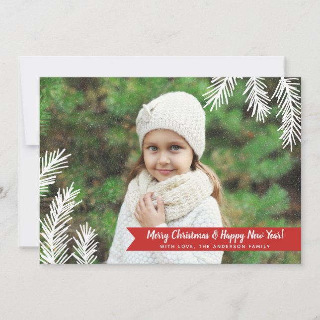 Full Photo Pine Needles Red Banner Holiday Card (Front)