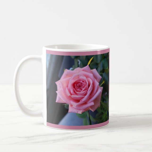 Full pink rose on a coffee mug (Left)