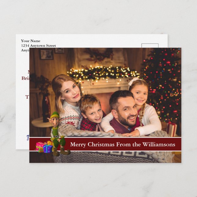 Full Postcard Photo and Elf With Red Text Band (Front/Back)