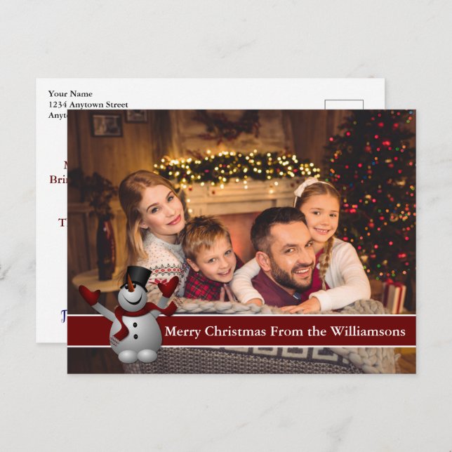 Full Postcard Photo Snowman With Red Text Band (Front/Back)