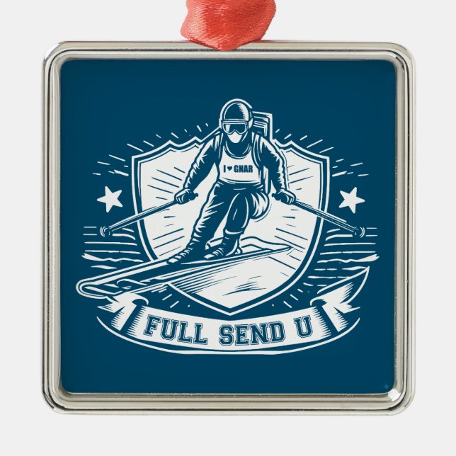 Full Send University Skiing Metal Tree Decoration (Front)