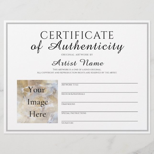 Full Size Certificate of Authenticity Art Photo Custom Letterhead (Front)