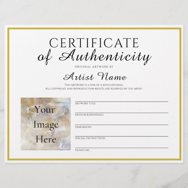 Full Size Certificate of Authenticity Art Photo Custom Letterhead (Front)