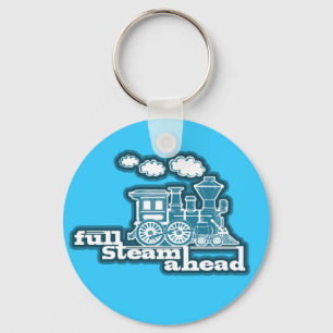 "Full steam ahead" sky blue train graphic keychain