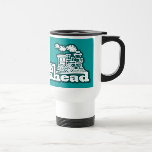 "full steam ahead" teal train logo travel mug