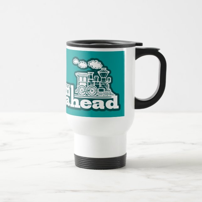 "full steam ahead" teal train logo travel mug (Right)