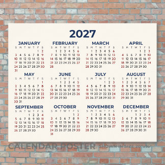 Full Year 2027 Horizontal Calendar Your Colours Poster