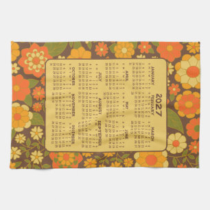 Full Year Calendar - Retro Flowers - Green Brown Tea Towel