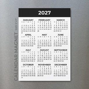 Full Year View 2027 Black White Magnetic Calendar