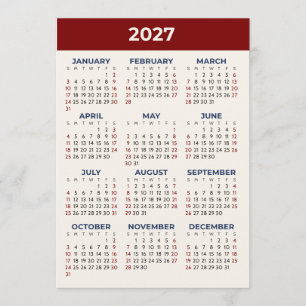 Full Year View 2027 Calendar Custom Colours Card