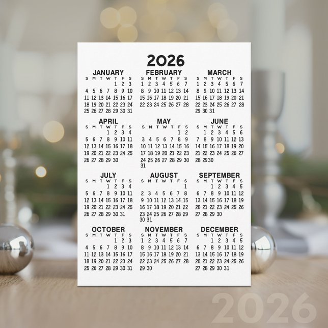 Full Year View Calendar Basic Black White Card  (2026 Calendar Card)