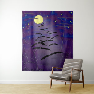 Full Yellow Moon Stars Flying Bats Halloween Tapestry