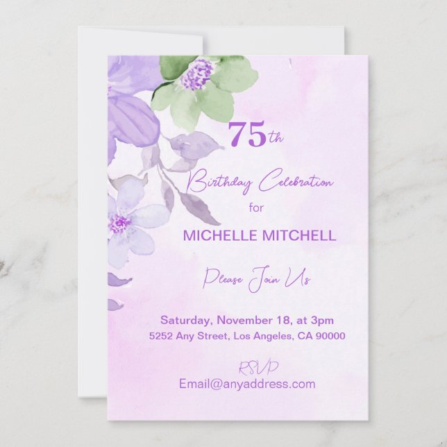 Fully Custom 75th Birthday Lavender Floral       Invitation (Front)