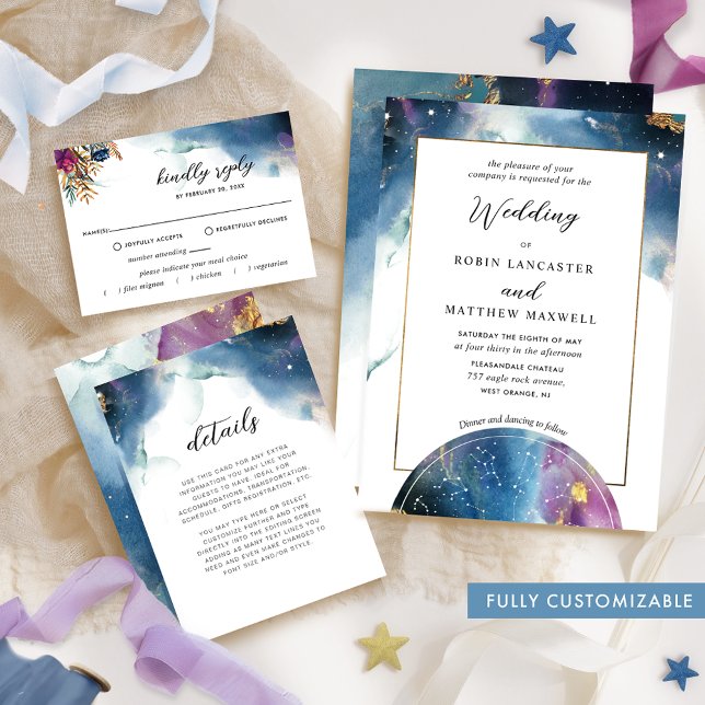 Fully Customisable, Celestial Blue Purple Wedding Invitation (Creator Uploaded)
