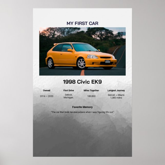 Fully Customisable First Car memory Poster (Front)
