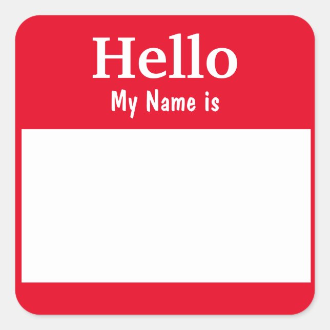 Fully Customisable 'Hello My Name is' Red colour Square Sticker (Front)