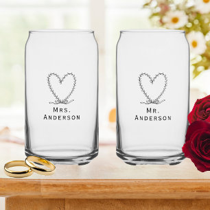 Fully customisable Mr and Mrs heart floral Can Glass