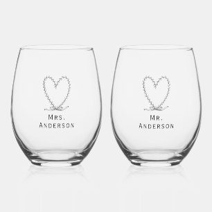 Fully customisable Mr and Mrs heart floral  Stemless Wine Glass