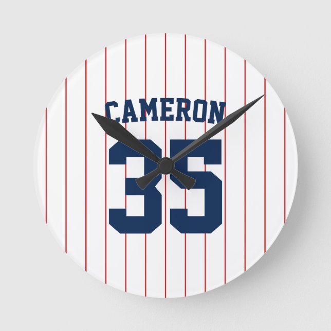 Fully Editable Colors Baseball Jersey Stripes Name Round Clock (Front)