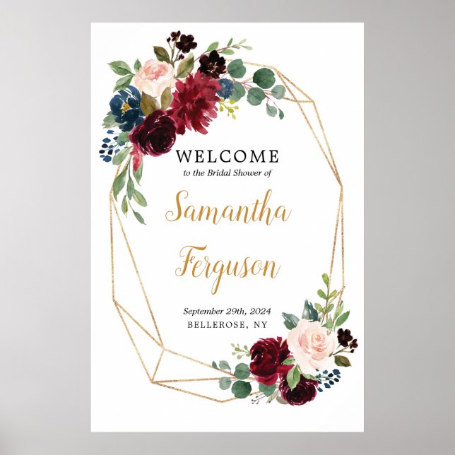 Fully editable lush burgundy bridal shower welcome poster (Front)