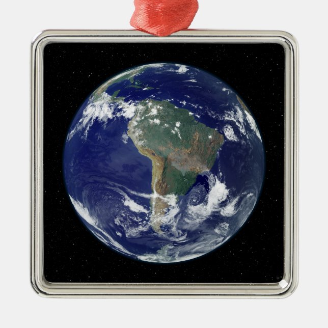 Fully lit Earth centred on South America Metal Tree Decoration (Front)