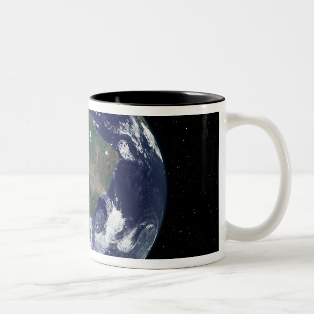 Fully lit Earth centred on South America Two-Tone Coffee Mug (Right)