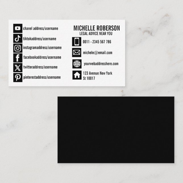 Fully personalised social media and info icon  business card (Front/Back)