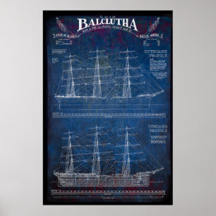 Fully-Rigged Sailing Ship BALCLUTHA Blueprint 1886 Poster