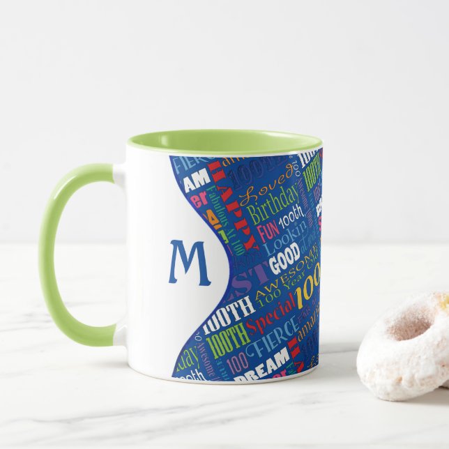 Fun 100th Birthday Party Personalised Monogram Mug (With Donut)