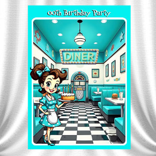 Fun 1950s Retro Diner Birthday Cake Aqua Invitation