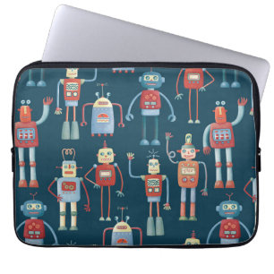 Fun 1950s Style Retro Robot Pattern Dark Laptop Sleeve