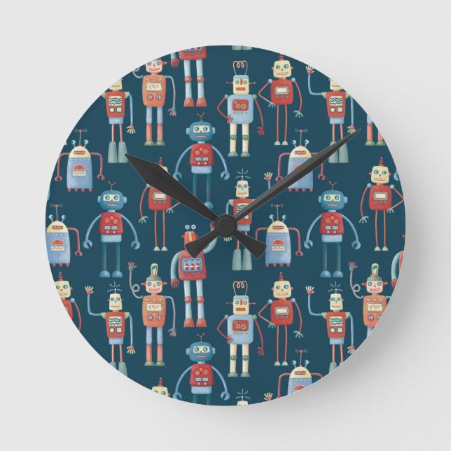 Fun 1950s Style Retro Robot Pattern Dark Round Clock (Front)