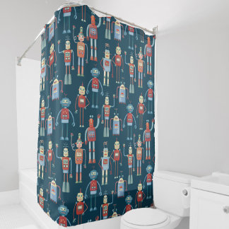 Fun 1950s Style Retro Robot Pattern Dark Shower Curtain