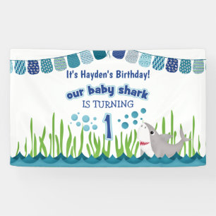 Fun 1st Birthday Blue Teal Shark Ocean Kid Banner