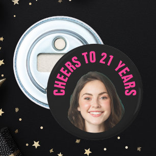 Fun 21st Birthday CUSTOM TEXT Photo Black Pink Bottle Opener