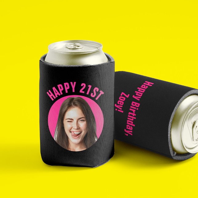 Fun 21st Birthday CUSTOM TEXT Photo Can Cooler (Front and back of a black can sleeve with "Happy 21st" in pink above a round custom photo cutout)