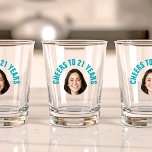 Fun 21st Birthday CUSTOM TEXT Photo  Shot Glass<br><div class="desc">Fun birthday photo shot glass in a retro modern teal cutout photo design. The year is customisable to suit any birthday year, whether it be your 21st, 30th, 40th, 50th or 60th birthday party! To get the cutout effect please use a png file with the background already cut out. If...</div>