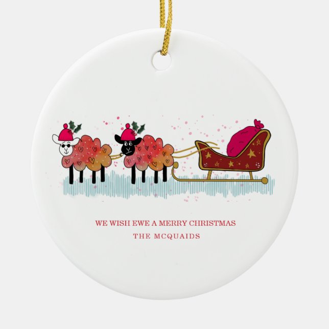 Fun 2 sheep pulling santas sleigh ceramic tree decoration (Front)