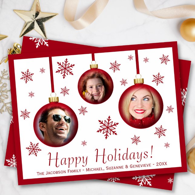 Fun 3 Photo Collage Red Bauble Ornament Holiday Card (In Situ Front/Back)