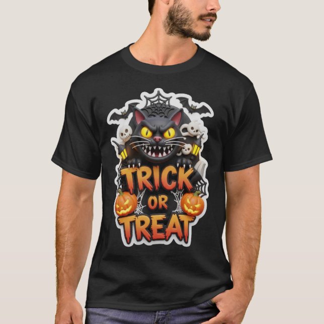 Fun 3D Halloween graphic with spooky black cat pum T-Shirt (Front)