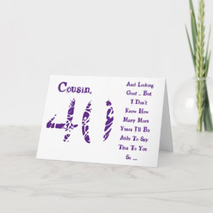 Fun, 40th birthday, cousin, purple and white text. card