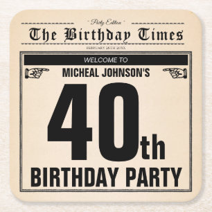 Fun 40th Birthday Vintage Newspaper Unique Custom Square Paper Coaster