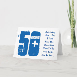 Fun, 50th birthday, brother, blue and white text. card