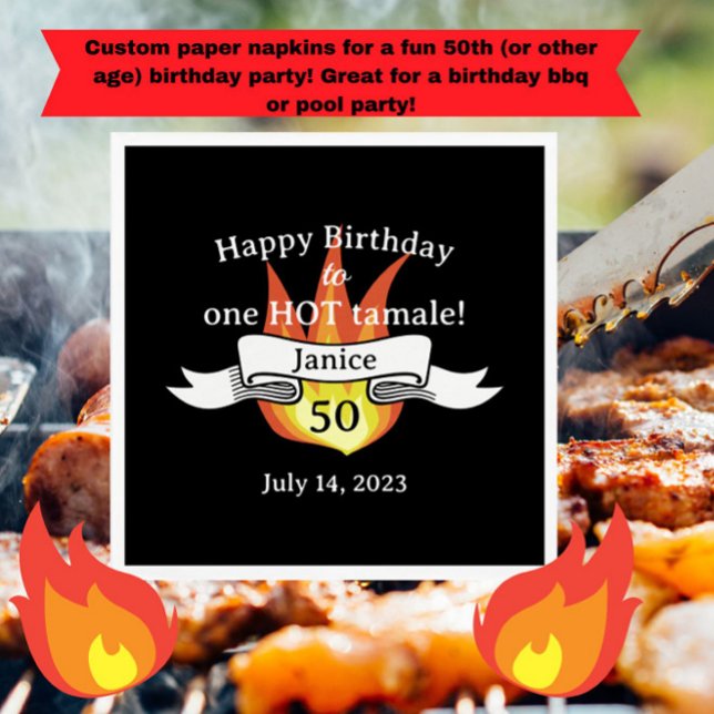 Fun 50th Birthday "Hot Tamale" Funny Personalised Napkin ("Hot Tamale" custom paper napkins for a fun 50th (or other age) birthday party, bbq or pool party!)