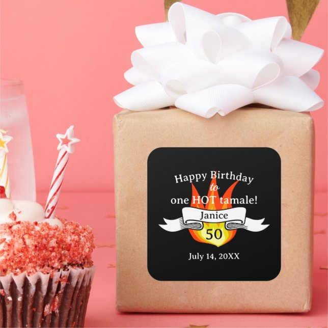 Fun 50th Birthday "Hot Tamale" Funny Personalised Square Sticker (Party)