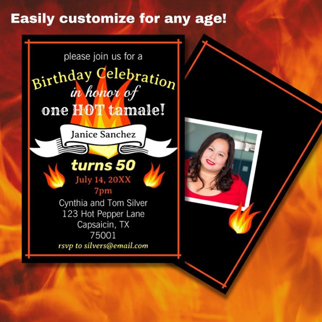 Fun 50th Birthday "Hot Tamale" Funny Photo Invitation (Spice up a 50th birthday with this fun, sassy Hot Tamale birthday party invitation!)