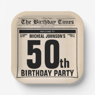 Fun 50th Birthday Old Newspaper Vintage Custom Paper Plate
