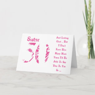 Fun, 50th birthday, sister, pink and white text. card