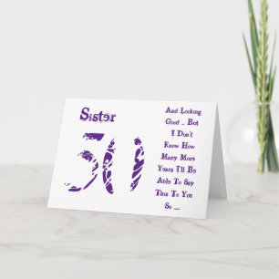 Fun, 50th birthday, sister, purple and white text. card