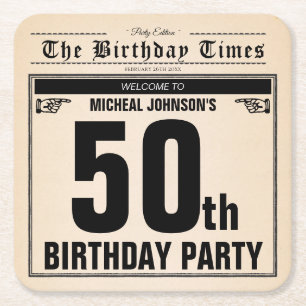 Fun 50th Birthday Vintage Old Newspaper Custom Square Paper Coaster